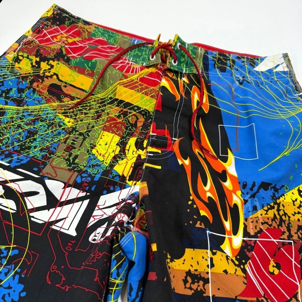Vintage Y2K No Boundaries Colorful Abstract Board Shorts 34 Swimwear Swim Trunks